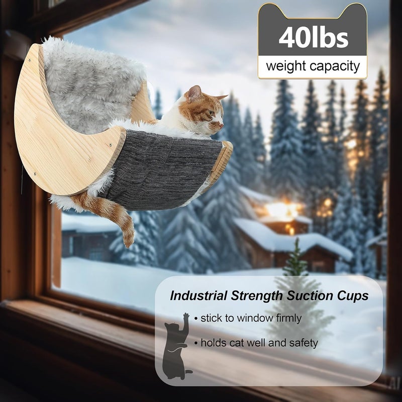 HAPYKITYS Window Cat Beds with Ultra Plush Hammock, Moon Shelves Mounted with Strong Suction Cups, Cat Window Seat for Overlooking and Sunbathing(Faux Wool Fur) - Image 4